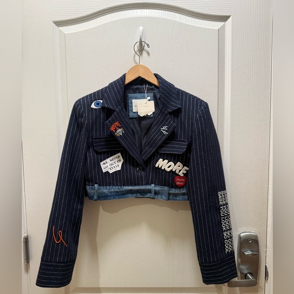 MAXMILA PARIS  Premium Crop Blazer with Embroidered Denim Trim size M NWT - Picture 5 of 8